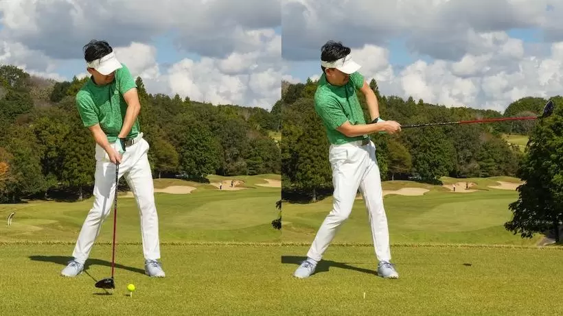 インパクト意識が強いとボールを当てに行きがち。インパクトで体が止まって左サイドが詰まるため左腕のやり場がなくなりヒジが引ける