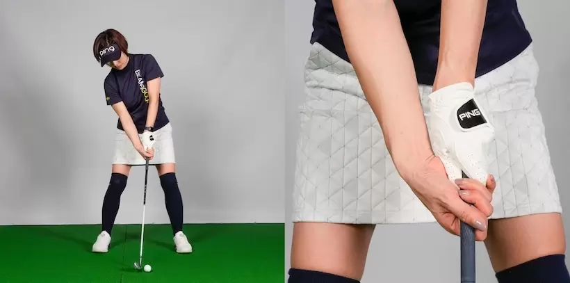 左手をフックに握るのはいいが、右手を下から握っていたTさん。右肩が極端に下がり、背中が丸まったアドレスになっていた