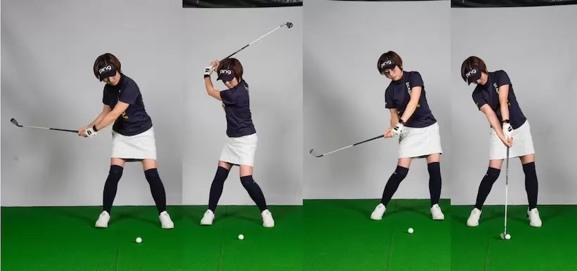 フェースシャットでインサイドにテークバック。ダウンスイングで右肩が落ち、インパクトで伸び上がっていたTさんのスイング