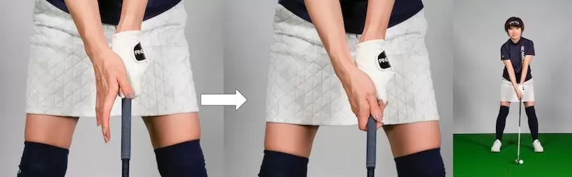 左手はフックに握っていいが、右手を上から握るようにしてグリップ。クラブを鷲掴みにしないことが大事。下から握らなければアドレスで右肩が極端に下がらない