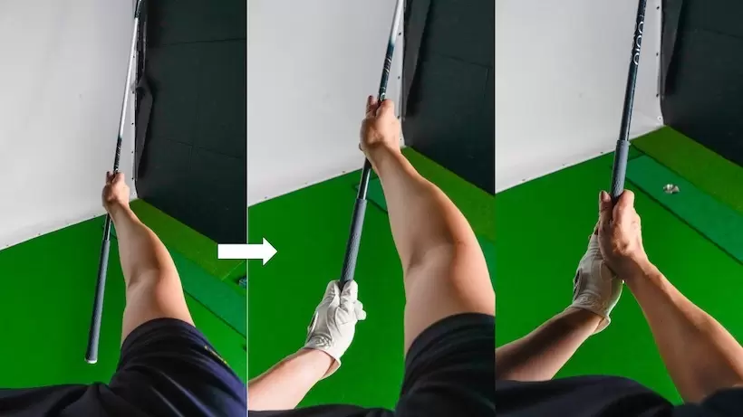 右手でクラブの中ほどを持ってから左手をグリップ。右手を下にスライドさせて左手に近づけてグリップ完成