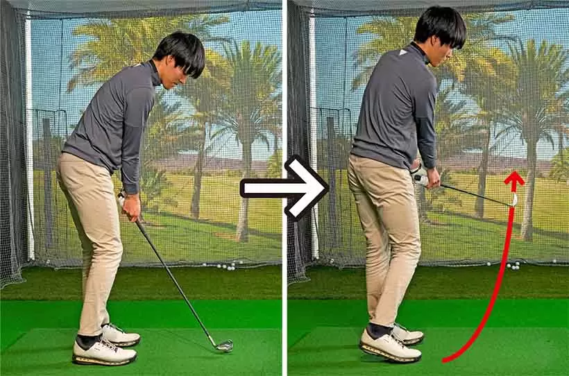 インサイドアウト軌道で振り抜けばフェースターンしやすくドロー打ちの感覚がつかめる。