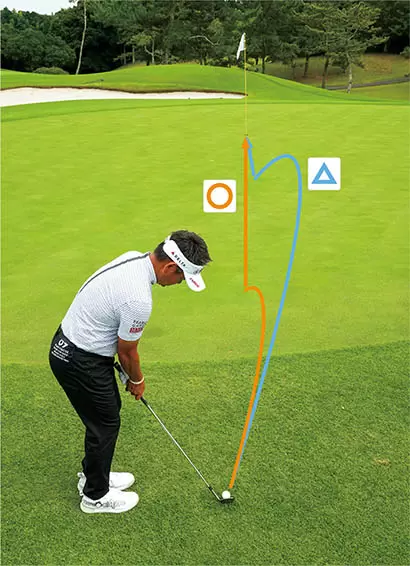 ボールがカラーにあるケースはパターでも打てるが、カラー部分の芝の抵抗が読みにくい。そこでグリーン面までキャリーさせ、そこからコロがすのが藤田流。ピンの近くまでキャリーさせる方法もあるが、このケースでは