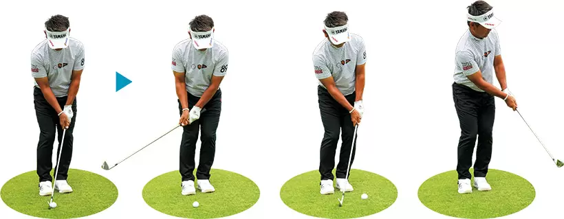 7番でコロがす時はボールを右足寄りに置き、ハンドファーストに構える。クラブを短く握り、手首をコネずにコンパクトに振ることが大事。