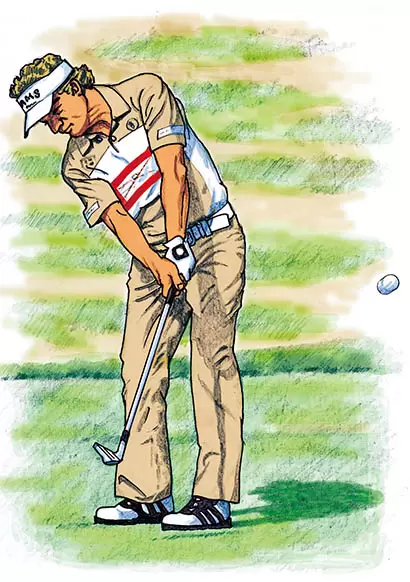 左肩は若干上がるが、左首筋に詰まり感がないランガー。グリップエンドを“引き上げる”のではなく“引きつけている”のがわかる。