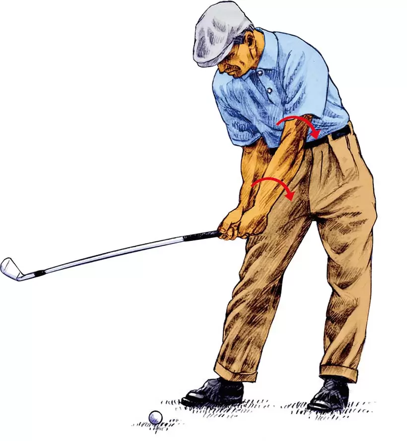 よりフラットな軌道で振り下ろしたホーガンは、グリップエンドを引き上げず、左腰方向に左腕のローリングでたぐり込んでいた。