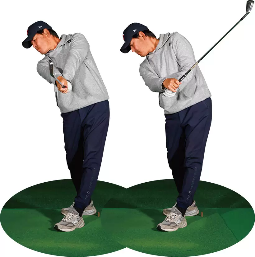 左腕を伸ばしたままのフォロー（左）と左ヒジを緩めてたたんだフォロー（右）ではヘッドの運動量が違う。身体に余計な負担をかけず、シニアで活躍するプロは圧倒的に後者が多い。