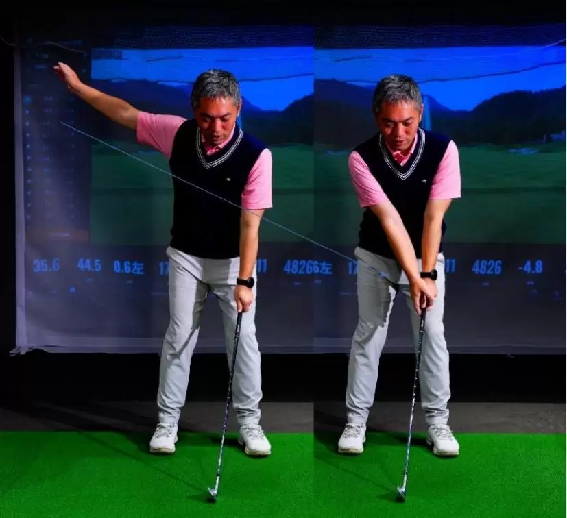 左手でクラブを持ったら右手を上げ、左手に向かて下ろすと右肩が前に出たり、下がることなく構えられる