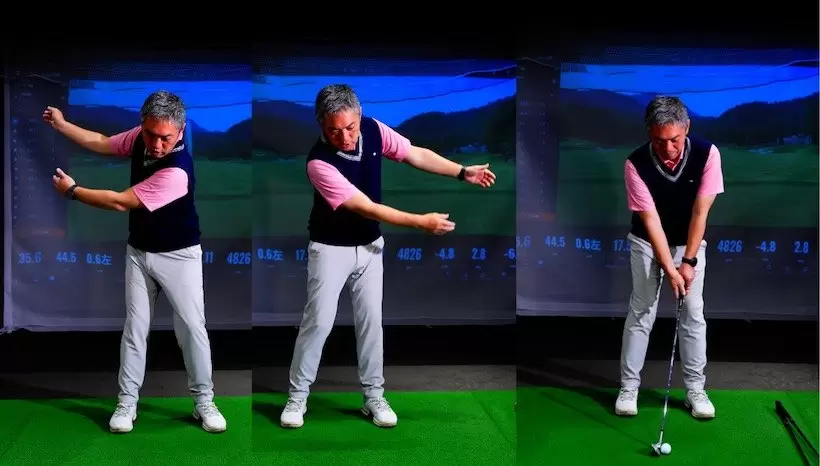 体は右へ、左へと肋骨を回す感じだけでOK。クラブは前述のように構えることで、その特性を生かせるアドレスになる