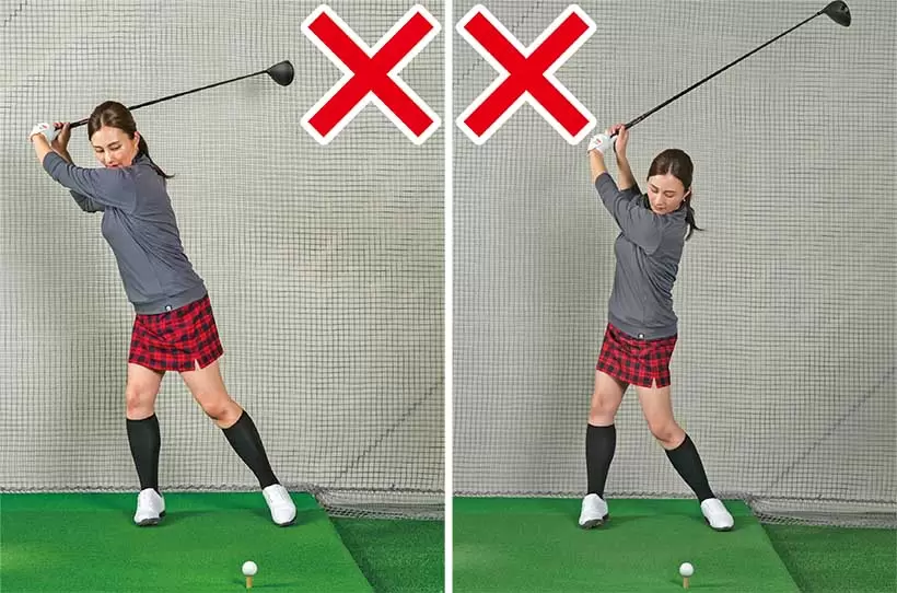 バックスイングで上体が右に流れたり（左）、浮き上がったり（右）するとクラブヘッドの軌道が安定しない。
