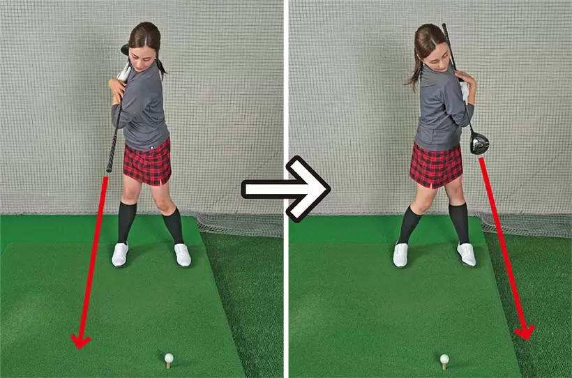 スタンス中央の前にボールを置き、トップではクラブの端がボールの右側、フィニッシュではボールの左側を指すくらいまでカラダを回そう。