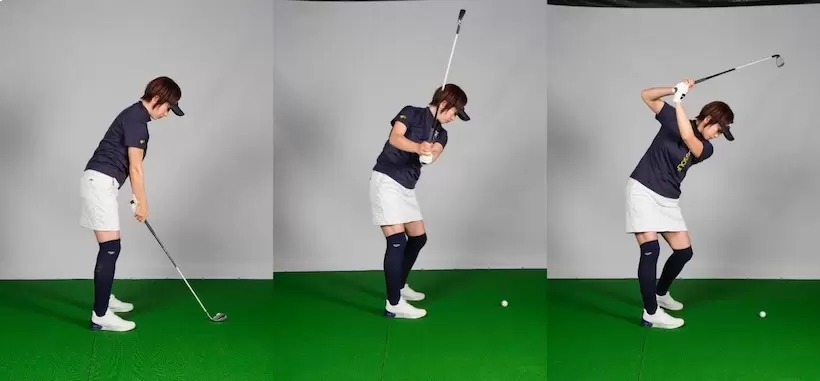 パットのように肩をタテに回し続けるイメージでスイングすると体が回らずクラブを手で上げてしまう。トップでは体が反る感じになる