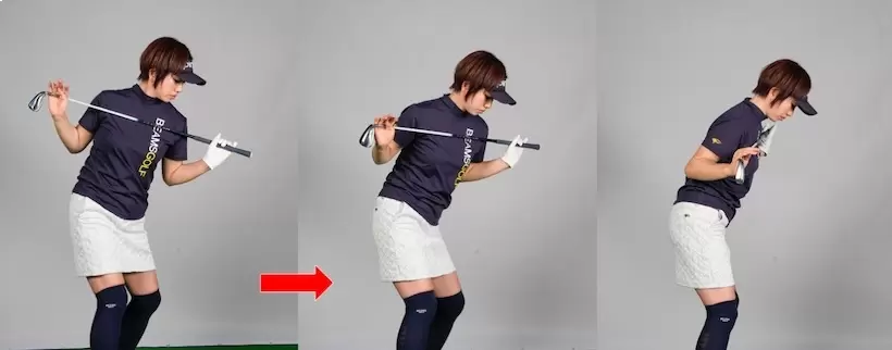 クラブを肩に当てがって肩を回す。バックスイングでは肩をヨコに回し、大きなループを描いてダウンスイングへ。体を捻りながら使うイメージで動くとインサイドからクラブが下りるように