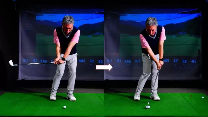 ディロフトバージョンのアプローチ。ハンドファーストに構えて始動。お腹からダウンスイングしてインパクトへ。打ったあとはショット同様、クラブヘッドがインサイドに抜ける。低く強い球が出てバックスピンがかかる