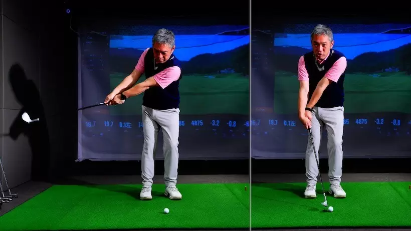 キープロフトバージョンのアプローチ。クラブを垂直にセットして始動。ダウンスイングは胸から。イメージ的にはフリップする感じで打つ。インパクト後はヘッドが真っすぐ出て高く上がるボールになる