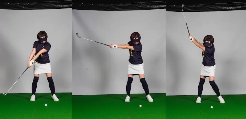 左腕がピンと張ると力が入って腕がねじれない。コックも入らないため途中までしかクラブが上がらない