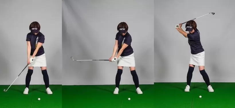 左腕から力が抜けていると、バックスイングで左前腕が内側にねじれてクラブの運動量が増え、本来のトップの位置に収まる