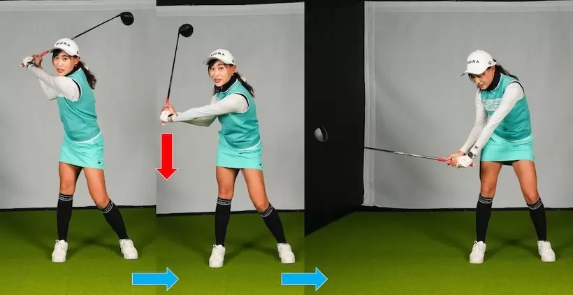 グリップエンドを真下に向けるイメージでダウンスイングするとクラブが軌道上を動いてインパクトでフェースがスクエアに戻る