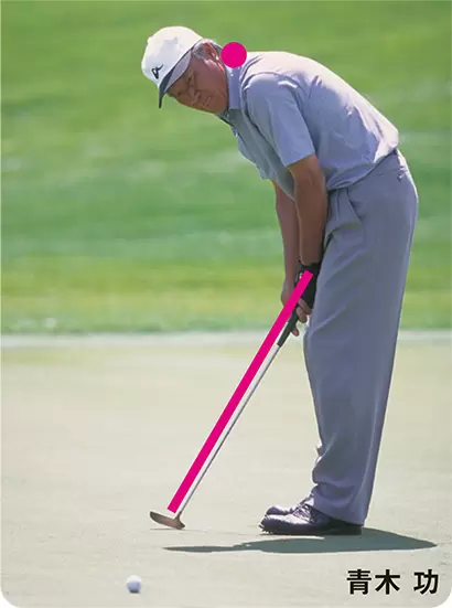 頭部も躯幹部も屈む。ヒジ、手首は曲がる傾向。ストローク・プレーンは手首中心。