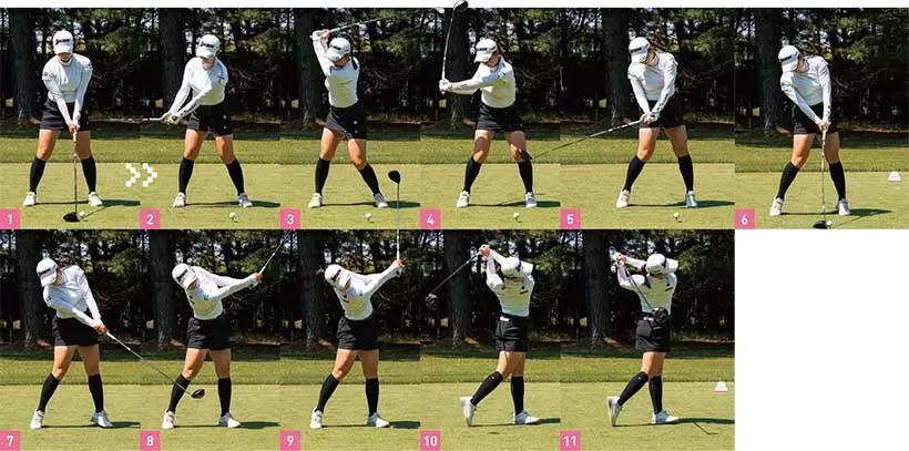 バックスイングでは左腕が伸びていて、フォローでは右腕を伸ばしているので、大きなスイングアークで飛ばすことができる。