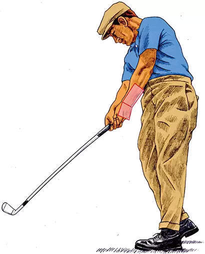 サイドスローのイメージを重視したホーガンは、右手のスナップ動作を“負ける”左手首のヒンジングで受けてヘッドを低く振り抜き、パワーフェードを実現した。