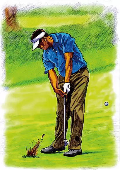 左腕を引き付けながらローリング。フェースターンを抑えないことでヘッドは低く左下に抜けるが、絶対にヒッカケにはならない。