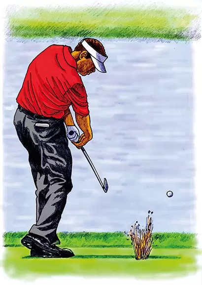 左手を引き絞り、右手をヒンジングメインで投げるようにスナップ。ヘッドがインサイドに低く振り抜かれることでフェードになる。