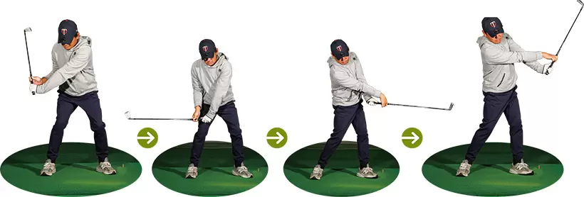 「左腰に引きつけるようにたぐり込んだ左腕を、ヘッドが追い越すように右手首のヒンジングでスナップ。このとき、右手が離れると左手のローリング、フェースターンを邪魔しない形になり、ヘッドが左下に鋭く走り抜け