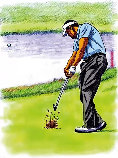 ウェッジでも右手が左手から離れるシン。飛ばしの要素ではなく、あくまでヘッドの動き、フェースターンを促す動作だとわかる。