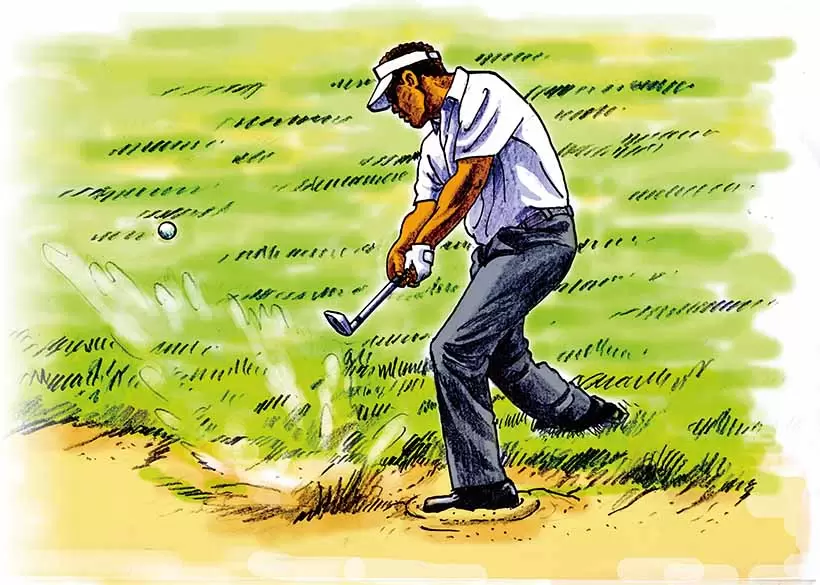 バンカーショットでは右手が離れないシン。フェースターンを抑えるために右手をホールドしつつ、ヒンジング動作でヘッドをインに低くリリースしている。