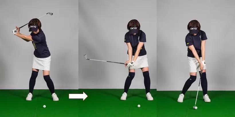 左手3本指と右手2本指だけのファイブフィンガーグリップでボールを打つ。ダウンスイングで右手を使わなくなりスイング軌道を整えられる