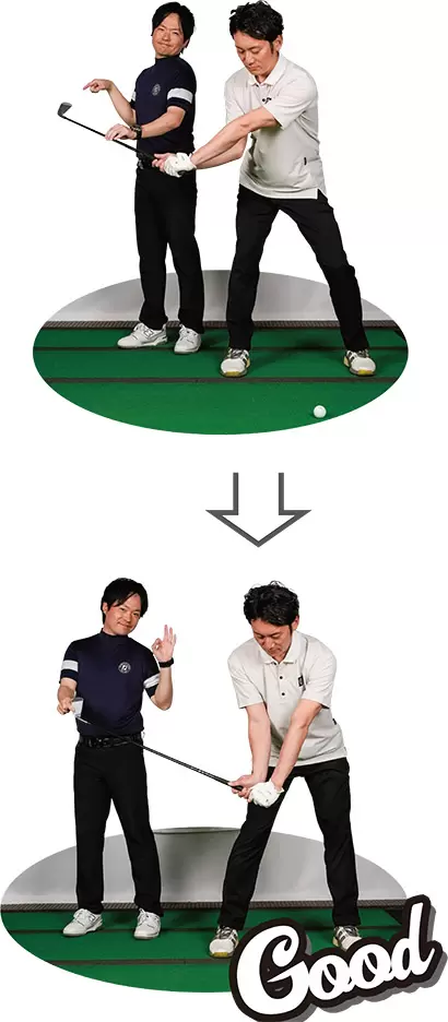 （写真上）腕をネジったテークバックの代償としてダウンではフェースが開いている！（写真下）腕をネジらなければフェースはスクエアに正しく下りてくる！