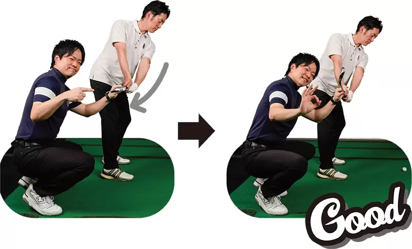 （写真左）左腕をネジり左手首が曲がってしまっている！ （写真右）テークバックには左腕のネジりも手首の曲がりも不要です！