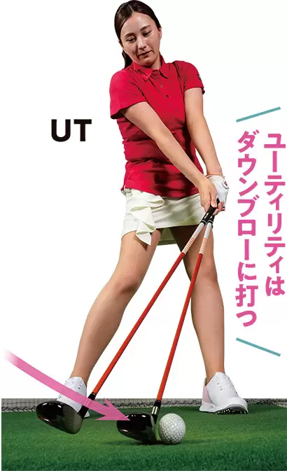 フェアウェイウッドよりも短いため、ミドルアイアンの感覚でダウンブローにとらえる。