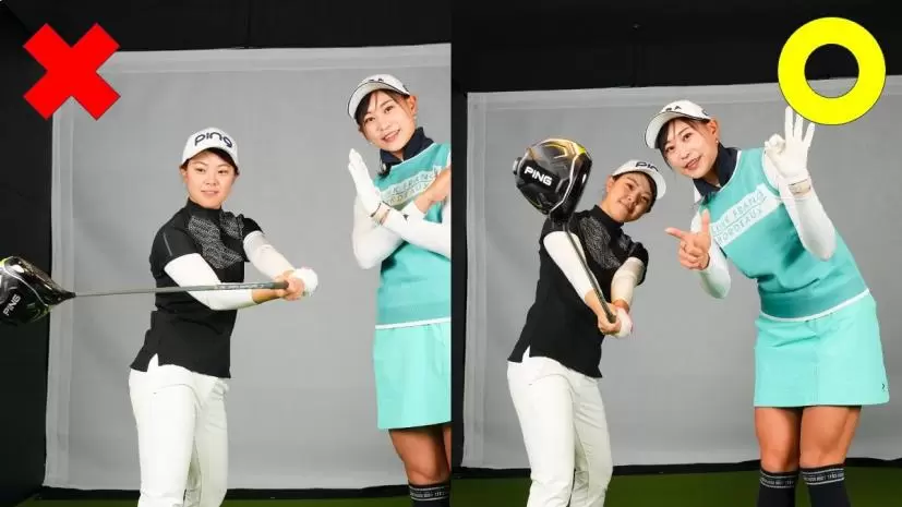 テークバックでフェースが開いていた神田さん。これが原因でボールが曲がっていた模様（写真左）。フェースが開かないようにする（写真右）のが今回の課題