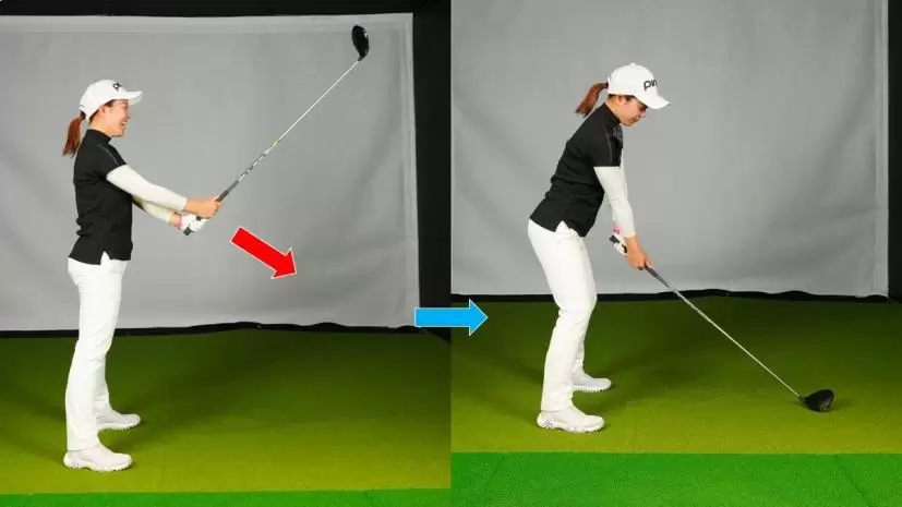 ドリルの体勢から体を前傾させ、クラブをソールしてアドレスへ。ドリルと同じように動くと、テークバックとフォローでフェースが極端に開閉しない