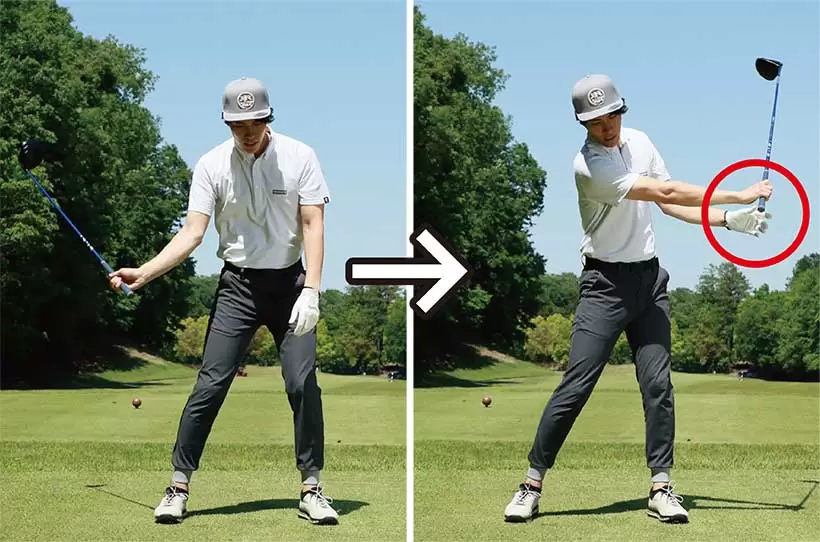 右手素振りを続けて感じがつかめたら左手も添えて素振りを継続しよう。