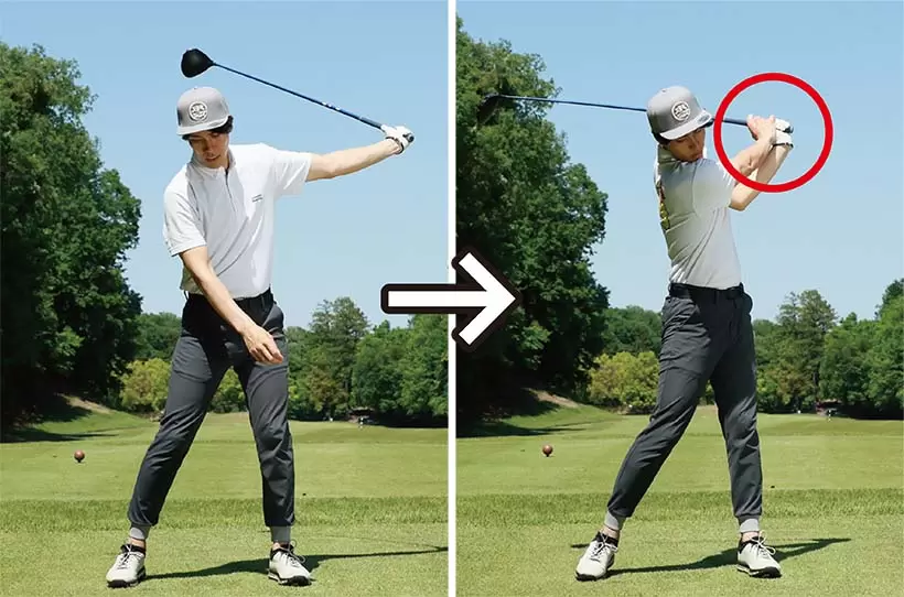 振り抜いた左手に右手を添えて両手素振りを繰り返そう。