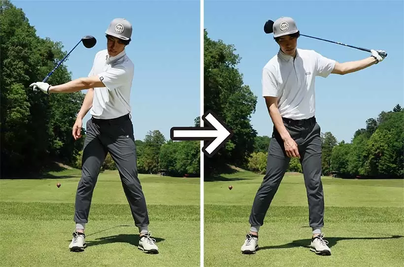 左手の小指側を緩めればクラブヘッドの重心によって運動量が大きくなる。
