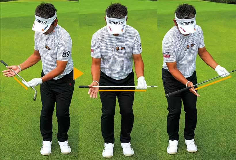 シャフトの傾きが左右対称になればOK。シンプルで地味な動きだがこの反復練習が大事。