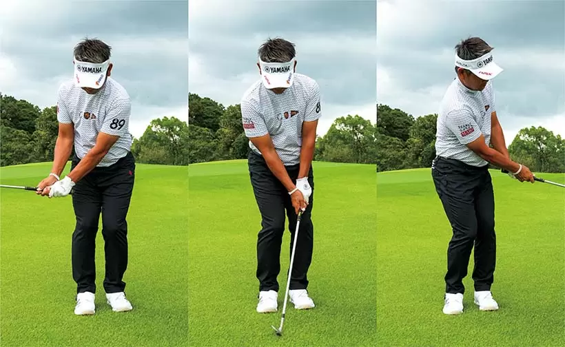 ステップ1と2の、同じ動き、同じ感覚のまま素振りをくり返す。軸をブラさず、腰の高さで左右対称にスイングする。