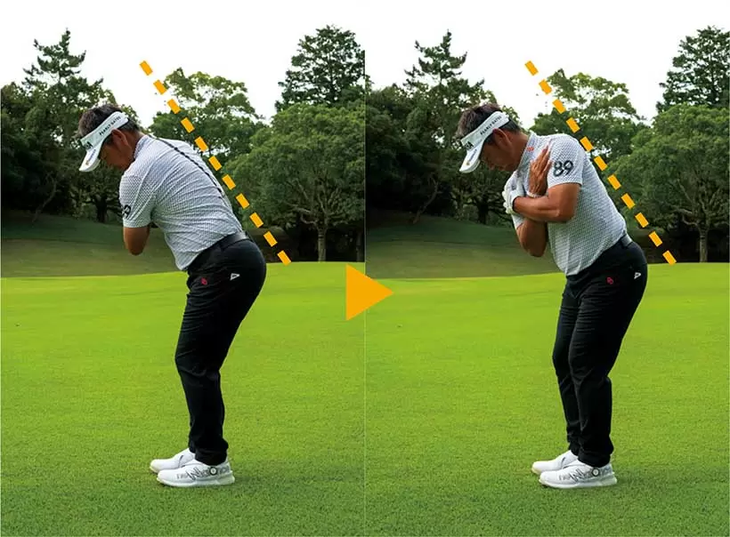 バランスよく構えれば、前傾姿勢がキープでき、正しい軸回転のスイングになる。