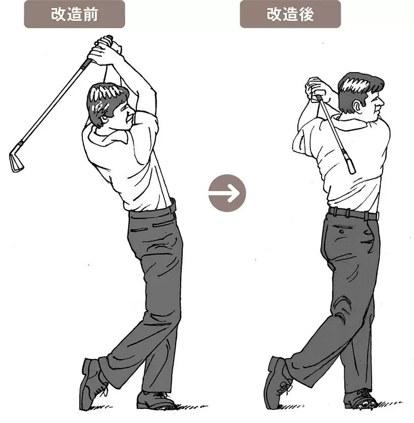 ニーアクションを多用する、いわゆる“アメリカ打法”の逆C字型フィニッシュ。20代前半のファルドはこのスイングでも優勝を重ねていた（左）。ボディターン主体で振り切る“アスレチックスイング”のI字型フィニ