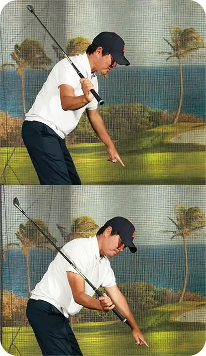 「スピン量を安定させるシャローな入射角を目指すなら、クラブの軌道が首筋寄り（上）ではなく、右上腕寄り（下）を通るイメージで。右ヒジのタックイン動作がポイントになります」