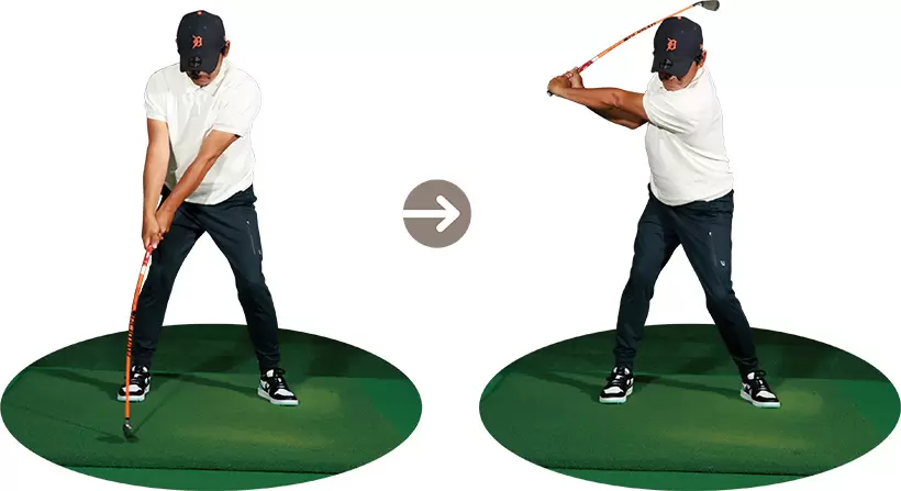 手先でヘッドを引き上げるのではなく、カラダ全体のターンでシャフトをしならせるイメージでテークバック。ヘッドが加速し、一気にトップまで振り上がる（左）。勢いづいたヘッドを生かして、シャフトをしならせるイ