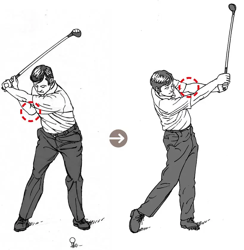 ファルドはヒジのたたみ方でヘッドを走らせており、腕と手をムチのように使う動作を“パワーウィップ”と呼んでいる。フォローで左腕は伸びて見えるが、卓球のラケットで、バックハンドで打ち返すイメージだという。