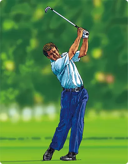 右手首の角度を伸ばし切らないリリースなら、フォローでシャフトが立つ。ファルドのフォローは高く抜け、ドローの操作性が高い。