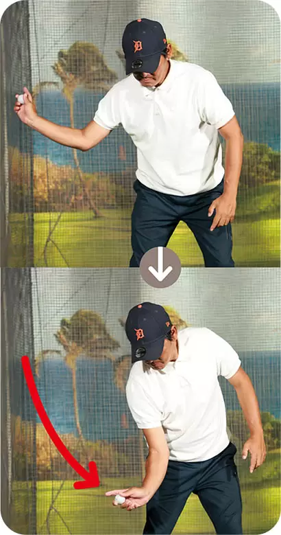 「右手首のスナップは伸ばし切る必要はありません。アドレス時の角度まで戻すイメージでも十分。ヘッドの加速はヒジの動きにまかせて、右手のヒラの面をポンと合わせる感覚だと、フェースコントロールしやすくなりま