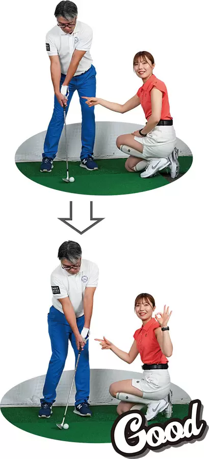 （写真上）アプローチは小さい振り幅でスイングするため体重移動が大きいとインパクト位置が不安定に（写真下）インパクトでの手元の位置はいつも一定に！