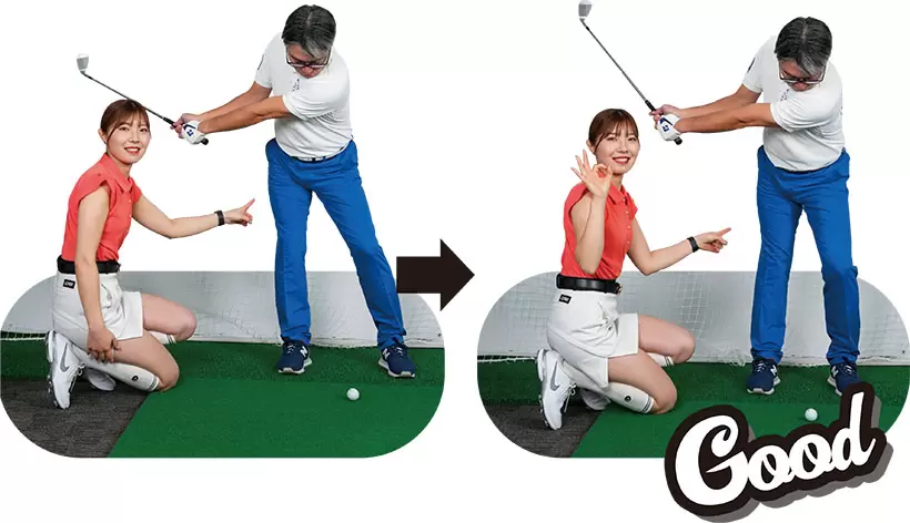 （写真左）右に体重移動しすぎで軸まで右へズレている！（写真右）短い距離は体重移動を抑え気味でいいんです！